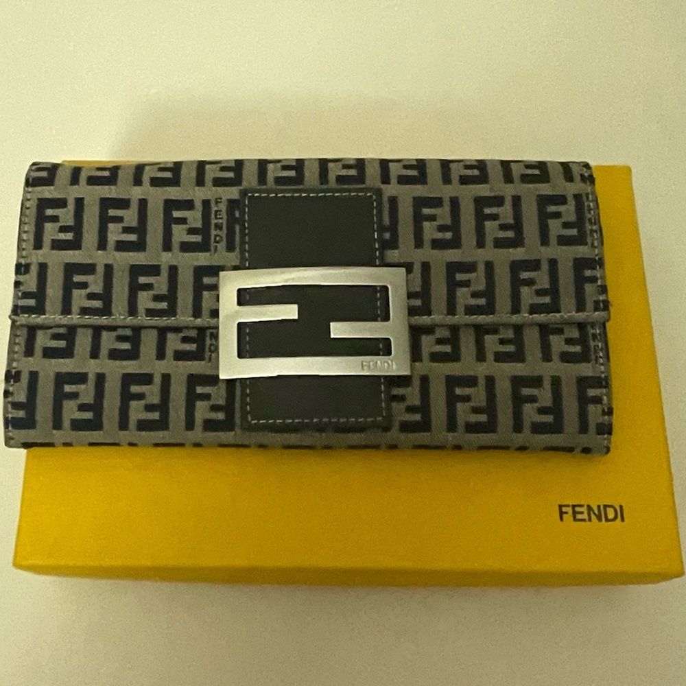 Fendi Gray Black Zucca Logo Continental Wallet with Silver Hardware